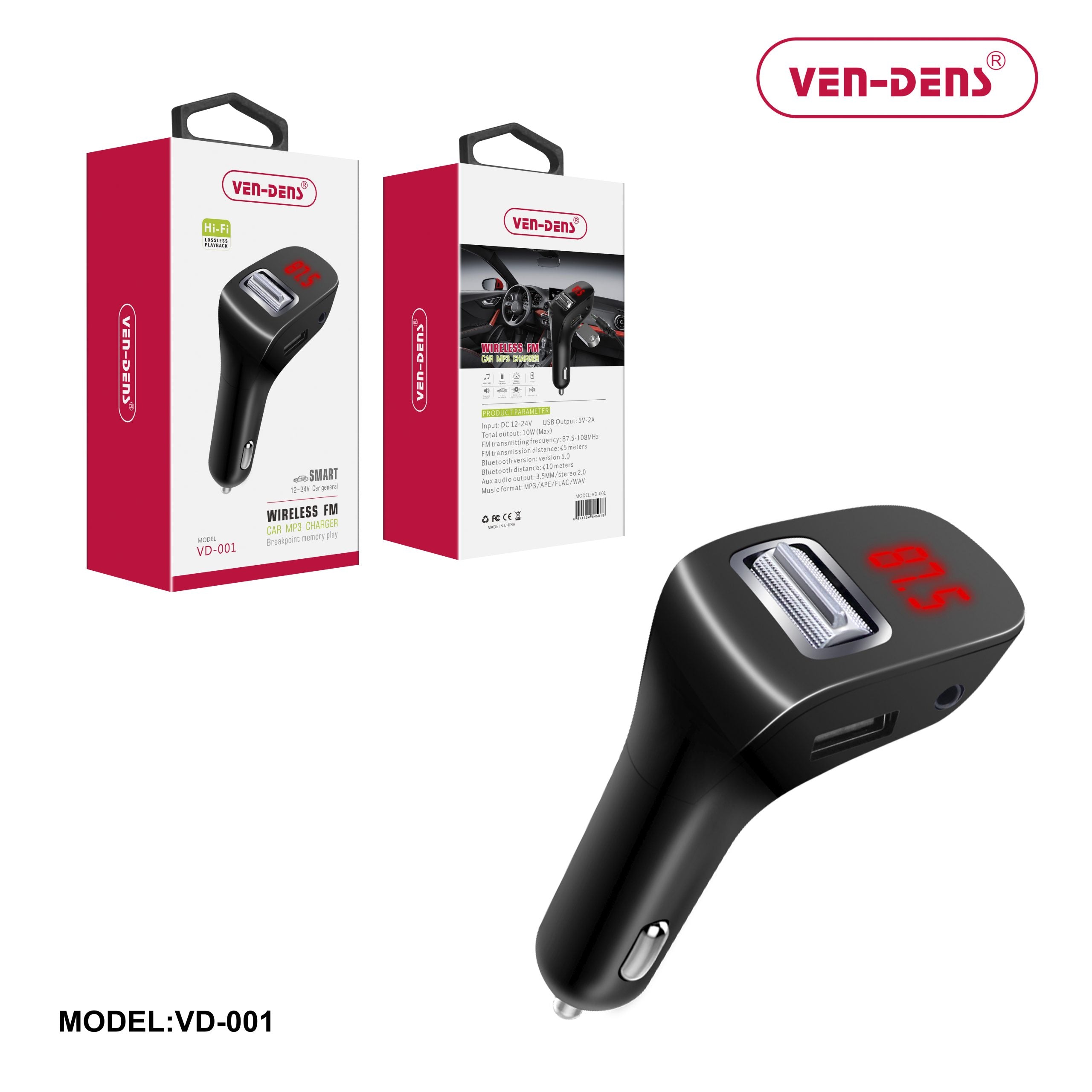 Ven-Dens VD-001 Car Charger and Bluetooth FM Player with USB and Aux Port